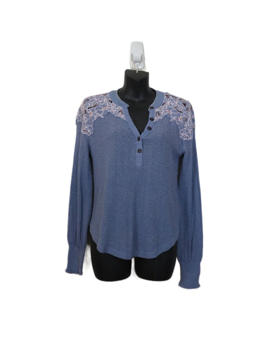 Free People Size S Long Sleeve Easy Breezy Lace Trim Embroidered Henley Blue Top
